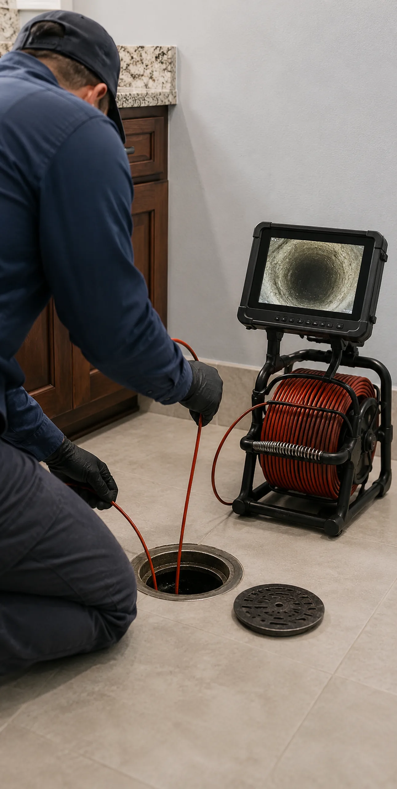 Technician performing drain cleaning in a Springfield - OR utility room with cable equipment