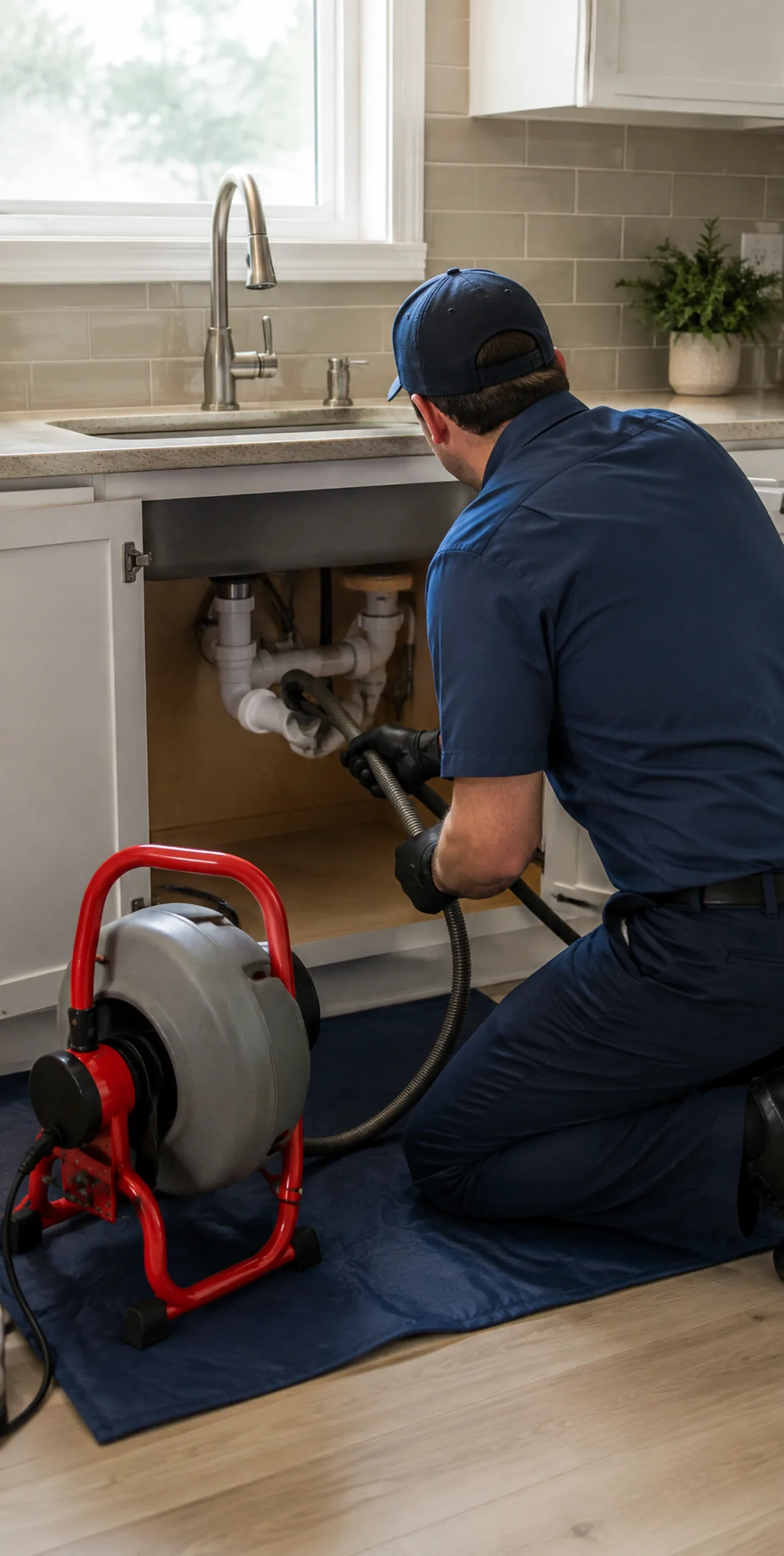 Plumber performing drain cleaning beneath a sink in a Junction City - OR home